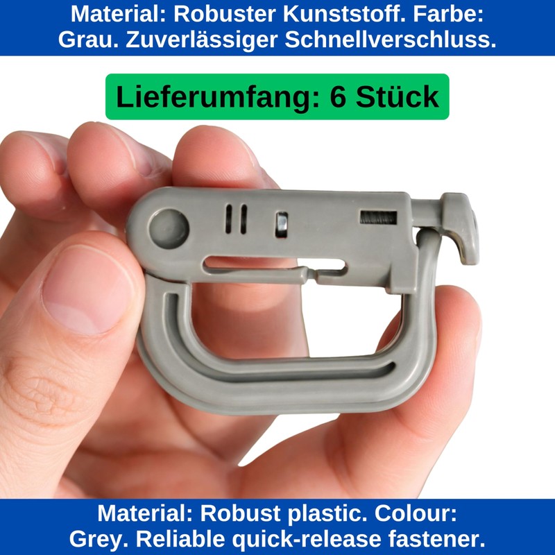 6 Pcs D Shape Plastic Carabiner Hook Gray Molle Carabiner