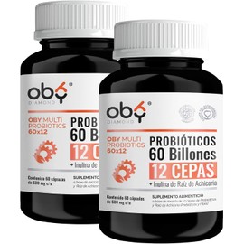 Probioticos 60 Billones de 12 Cepas  Prebioticos con Inulina Raiz de Achicoria  Probioticos Mujer y Hombre  OBY MULTI Probiotics - 60 Cápsulas para 2