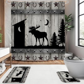 Litabel 4 Pcs Forest Deer Shower Curtain Set with Non-Slip Rugs, Toilet Lid Cover and Bath Mat, Wooden Bathroom Decor Set with Shower Curtain and Rugs(Hooks Not Included)