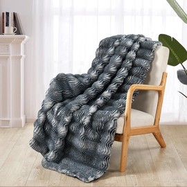 BYTIDE Luxurious Stripe Faux Fur Throw Blanket Reversible to Cozy Velvet, 750GSM Soft Fuzzy Fluffy Plush Furry Warm Blanket for Couch Bed Chair Sofa Bedroom, 50"x60", Black