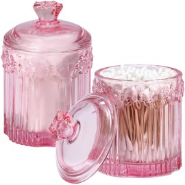 rejomiik 2 Pack Qtip Holder Glass Apothecary Jars with Lids Set Bathroom Canisters Dispenser Organizers and Storage for Cotton Ball, Cotton Swab, Pink