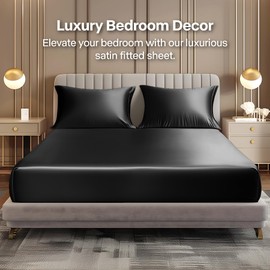BEDELITE Satin Fitted Sheet and Pillowcases Set, Luxury Soft Similar to Silk Bottom Bed Sheet with Elastic Corner Straps, Deep Pocket up to 15 Inch, 1 Fitted Sheet and 2 Pillowcases(Queen, Black)