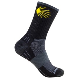 Wrightsock Professional Sports Sock, Hiking Socks in Plain, Anti-Blister System, Double Layer, Crew Long - Stick Camino de Santiago, Black Grey Yellow