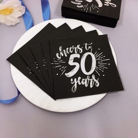 80PiecesSilver50th Birthday Dinner Celebration Party Decorative Napkin Black50th Birthday Decorative Men's and Women's Party Supplies Cocktail Napkins in a black, Cheers to 50 Years