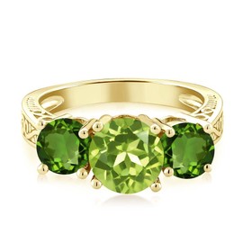 Gem Stone King 2.35 Ct Green Peridot Chrome Diopside 18K Yellow Gold Plated Silver 3-Stone Ring (Size 8)