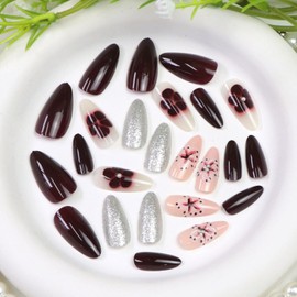 Almond Press on Nails Medium Fake Nails Press ons with Flower Silver Glitter Designs Brown Full Cover Glue on Nails Acrylic Cute Fall Stick on Nails for Women 24 Pcs