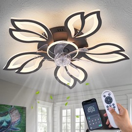 Dalouguan Ceiling Fan with Lights Remote Control, 26" Black Low Profile Ceiling Fan with Light, Modern Leaf Geometric Flush Mount Ceiling Fan for Kitchen Bedroom
