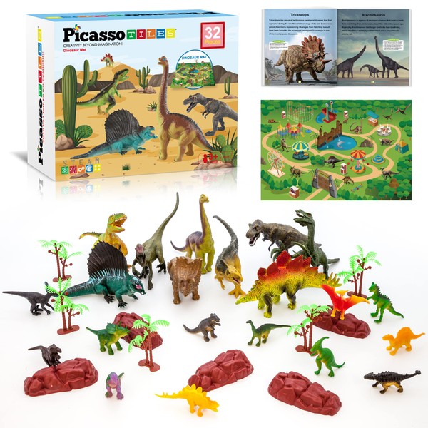 PicassoTiles Dinosaur Play Mat Toys 32pc Dino Playset STEM Activity Learning Kit STEAM Toy with Educational Book, 21 Action Figures T-Rex, Triceratops, Velociraptor, Trees, Rocks for Kids 3+ PTD11