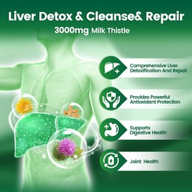 Milk Thistle Liver Detox Capsules, 3000mg Liver Cleanse Detox & Repair, 20-in-1 Advanced Support Complex with Milk Thistle, NAD, NAC, ALA, Dandelion,Glutathione, Artichoke, Turmeric, More, 3 Bag