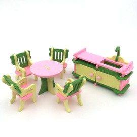 KARLOR 6 Stück Puppenhaus Möbel Set Holz Küche Miniatur Möbel Set Küchenspüle Esstisch 4 Stühle, Puppenhaus Zubehör Deko 1:12 Puppenhaus Esszimmer Zubehör Dollhouse Puppenmöbel（Küche