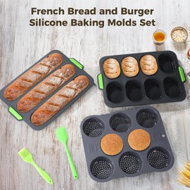 OMISTAR Silicone Hamburger Bun Mold Set of 5-3 & 8 Cup Silicone Hamburger Bun and Baguette Pan with Scraper and Oil Brush,Nonstick Baking Tray Bread Pans for Homemade Bread Loaf Sandwich