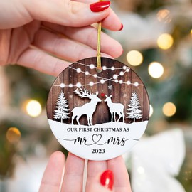 Fvviia Our 1st First Christmas as Mr and Mrs 2023 Reindeer Couple Ceramic Ornament, Married Ornament, Engagement Wedding Keepsake Gifts for Newlywed Xmas Tree Decorations, Bridal Shower Gift