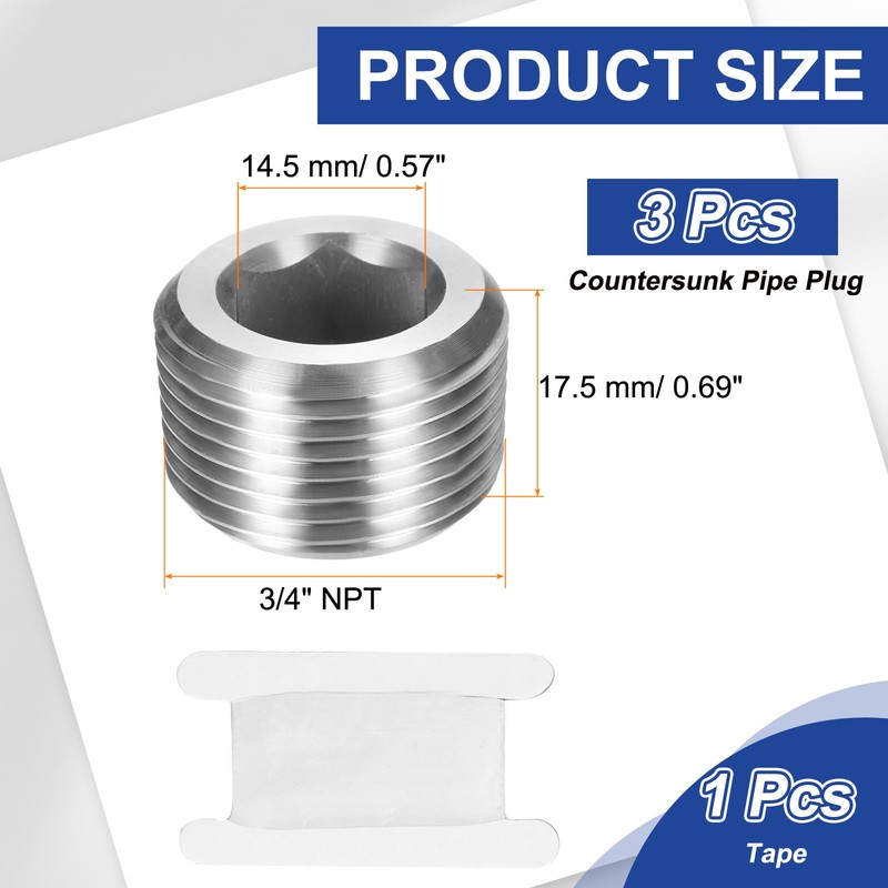 PATIKIL 3 Pcs 304 Stainless Steel Pipe Plug 3/4" NPT