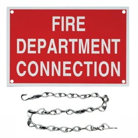 Fire Department Connection FDC Sign, Aluminum, 4" x 6" (Red With White Text, Sign With Chain)