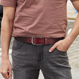 Bighake Men's Belts Casual for Jeans, Genuine Leather Belts for Men,Snap on Perforated Vintage Solid Leather Belt, Reddish Brown, 45''-46''