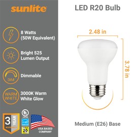 Sunlite 81438 LED 90 CRI R20 Recessed Light Bulb, 8 Watts (50W=), 525 Lumens, Dimmable, Medium Base (E26), Wide 110° Beam Angle, Energy Star, Title-20 Compliant, UL Listed, 3000K Warm White, 1 Count
