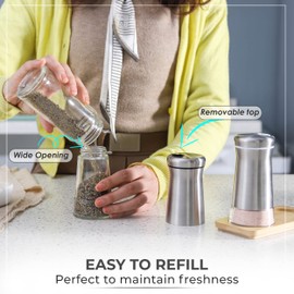 Salt and Pepper Shakers set with Adjustable Pour Holes - Elegant Stainless Steel Spice Dispenser - Perfect for Himalayan, Table Salt, White and Black Pepper (Salt & Pepper Shakers Set + Bamboo Stand)