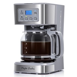 Taylor Swoden 12-Cup Programmable Coffee Maker, Regular & Strong Brew Drip Coffee Machine for Home and Office, Glass Carafe, Pause & Serve, Auto Shut Off, Gray & Stainless Steel