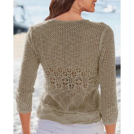 Nulibenna Womens Sheer Shrug Sweaters 3/4 Sleeve Open Front Tie Cardigan Bolero Jacket Lightweight Crochet Knit Cover Up Tops Khaki