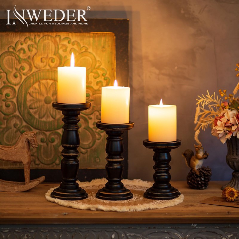 Inweder Wood Candle Holders for Pillar Candles, Solid Farmhouse Candle