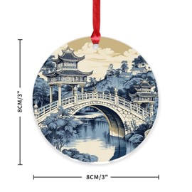 3" Acrylic Christmas Ornaments 2024 Chinoiserie Asian Pagoda White Blue Farmhouse Xmas Ornament Bauble Holiday Christmas Tree Party Decorations Indigo Pagoda Flower Keepsake Stocking Name Tag