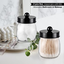 SheeChung Farmhouse Decor Apothecary Jar Set,Mason Jar Bathroom Vanity Storage Organizer Canister - Qtip Holder Plastic Acrylic Jar for Cotton Swabs,Cotton Pads,Floss Picks,Paper Clips,Hair Clips(2 Pack,Black)