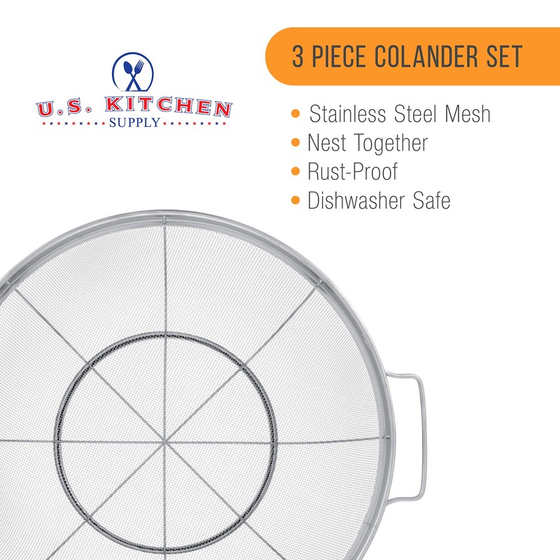 U.S. Kitchen Supply Set of 3 Stainless Steel Colander Strainers