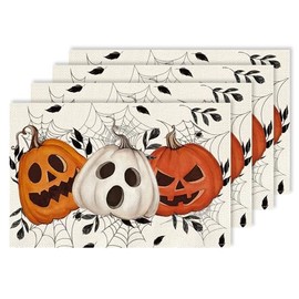 Halloween Pumpkins Placemats Set of 4 12x18 Inch Fall Spider Web Table Mats for Home Kitchen Dining Party Outdoor Indoor Decoration White CD16-02