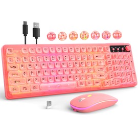 GLB Wireless Keyboard and Mouse Combo, RGB Backlit Rechargeable Full-Size Sleep Mode Clear keycap and Light, 2.4GHz Quiet Ergonomic Keyboard Mouse for Computer Laptop PC Mac Windows (Pink)