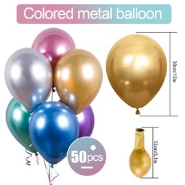Metallic Birthday Balloons, Pack of 50, 12 Inch Metallic Party Balloons, Colourful Latex Balloons, Shiny Balloons Helium for Birthday Decoration, Wedding Decoration, Party Decoration