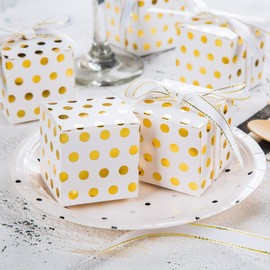 AWELL White Gift Candy Box Bulk with Gold Dots 2x2x2 inches with Ribbon Party Favor Box, Gold Dots, Pack of 50