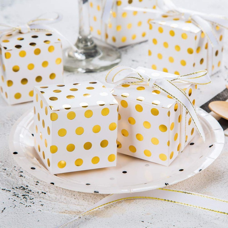 AWELL White Gift Candy Box Bulk with Gold Dots 2x2x2