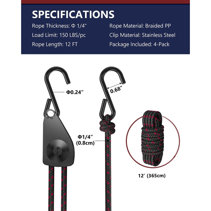 VIPARSPECTRA Ratchet Tie Down Straps, 1/4" Adjustable Rope Hangers [4