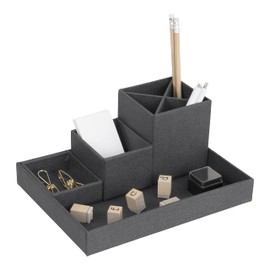 Bigso Box of Sweden Schreibtisch Organizer für Stifte, Büroklammern, Haftnotizen usw. – Sortierkasten mit 4 Fächern – Ordnungssystem aus Faserplatte und Papier in Leinenoptik - schwarz