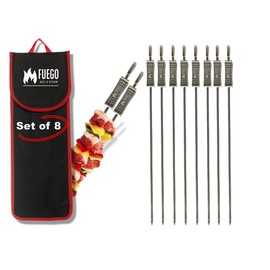 Fuego Skewers for Grilling - 17" Stainless Steel Flat Blade with Push Slider | Reusable & Dishwasher Safe | BBQ Skewers and Shish Kabob | Set of 8