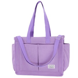 UERRUAM Women Tote Bag with Zipper and Compartments,Large Corduroy Purse,Lightweight Laptop Work Bag Crossbody Bag for Travel,L,Purple