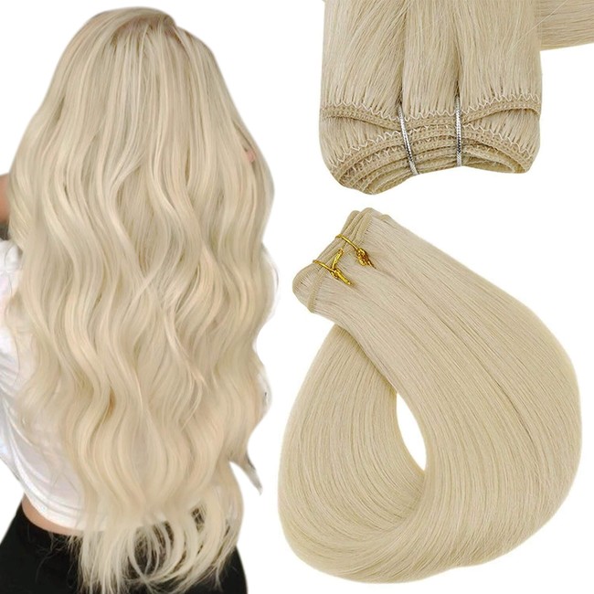 Easyouth Sew in Hair Weft Bundles Remy Human Hair Color Platinum Blonde Weft Hair Bundles Full Head for Women 12 Inches 70g per Package