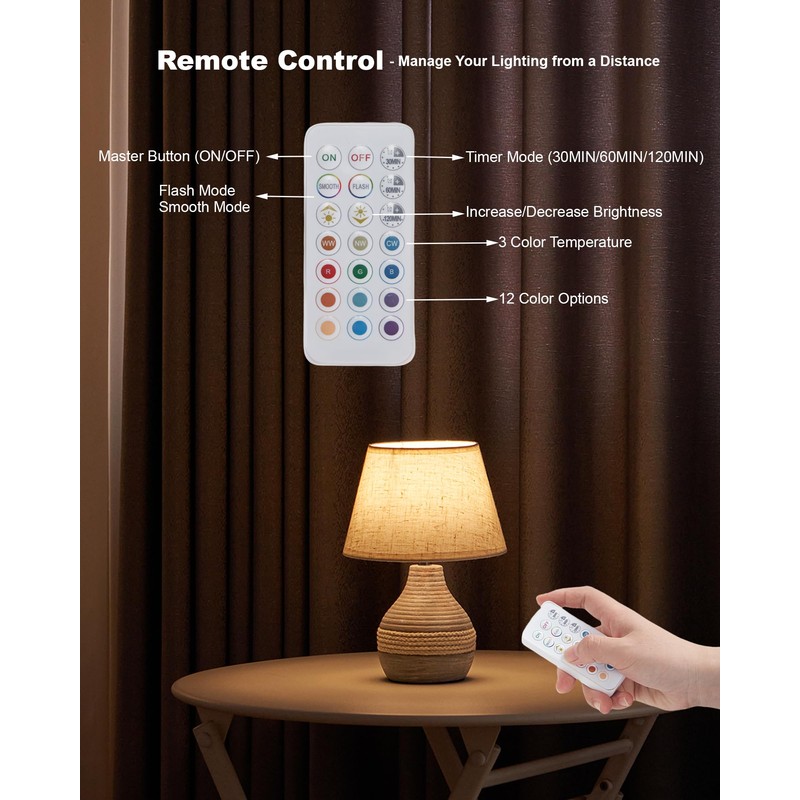 UMEXUS 10” Small Ceramic Cordless Table Lamp with Timer, Dimmer,