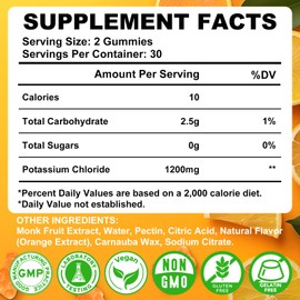 2 Pack Potassium Gummies, Potassium Chloride 1200mg for Adults, Sugar-Free Potassium Supplement Gummies Support Electrolyte Balance & Leg Cramps for Women & Men, Orange Flavor, Vegan, 120 Count