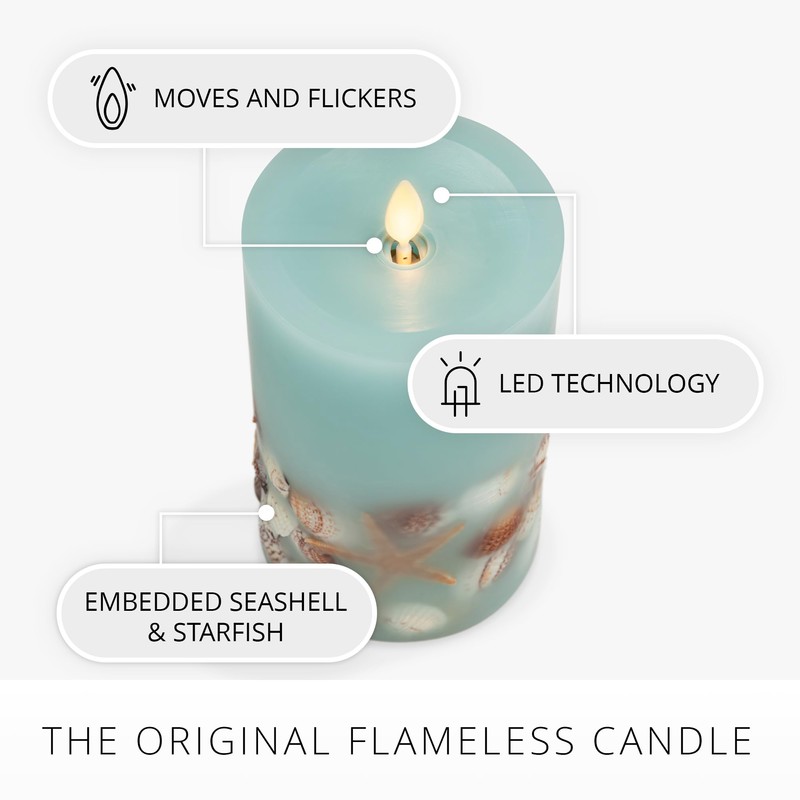 Luminara Flameless LED Candle Soft Teal Embedded Seashell & Starfish