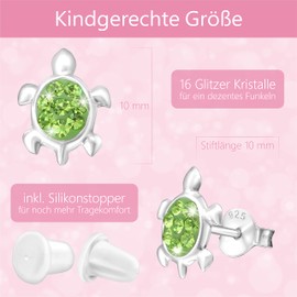 JAYARE Girls' Turtle Earrings 925 Sterling Silver Glitter Stud Earrings Turtle Children's Earrings Girls Earrings Children's Jewellery, Sterling Silver, Crystal
