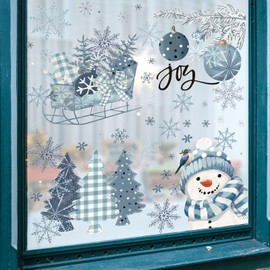 JarThenaAMCS 96Pcs Christmas Window Clings Winter Blue Snowman Snowflake Window Decals Reusable PVC Window Decor for Home Party Glass Mirror