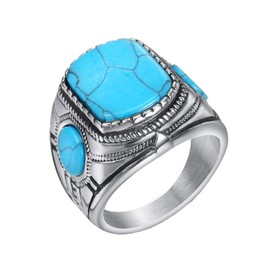 HIJONES Men's Vintage Blue Turquoise Onyx Gemstone Ring Stainless Steel Silver, Stainless Steel, Cubic Zirconia