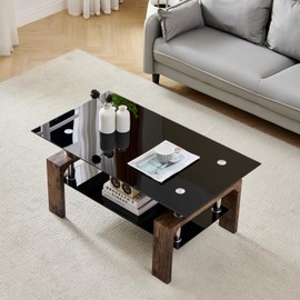 Living Room Rectangle Coffee Table, Tea Table Suitable for Waiting Room, Modern Side Coffee Table with Wooden Leg, Glass Tabletop with Lower Shelf.(Black Brown)