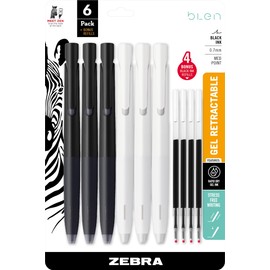 Zebra Pen bLen Retractable Gel Pen, Black and White Barrel, Medium Point, 0.7mm, Black Ink, 6-Pack with 4 Refills (41416) (Pack of 1,10 Count Total)