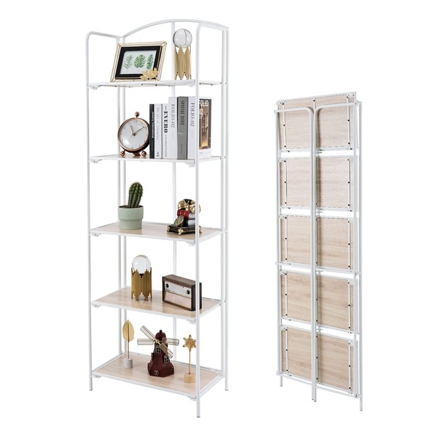 Crofy No Assembly Folding Bookshelf, 5 Tier White Bookshelf, Metal Book Shelf for Storage, Folding Bookcase for Office Organization and Storage, 12.87" D x 22.91" W x 68.1" H
