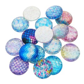 JJGQAZ 40pcs Mixed Mermaid Scale Round Time Gem Cover Glass Cabochon Dome Jewelry Finding Cameo Pendant Settings, 25MM