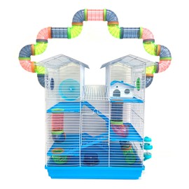 5-Level Large Expandable and Customizabl Cross Twin Tower Tube Tunnel Habitat Hamster Rodent Gerbil Mouse Mice Rat Home Cage with Hide House Exercise Running Wheel Water Bottle Food Bowl