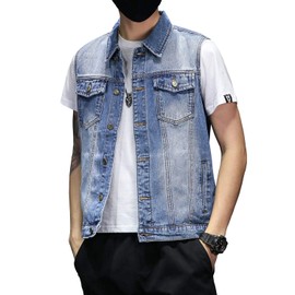 DAVID.ANN Mens Denim Vest Jacket Sleeveless Trucker Jean Jacket,Blue,Large