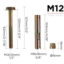 YoiYee M12 Expansion Bolts, Heavy Duty Anchors for Concrete and Masonry, 120mm Length, Zinc Plated Steel, Easy Installation and Secure Hold for Construction and Industrial Applications, Set of 4